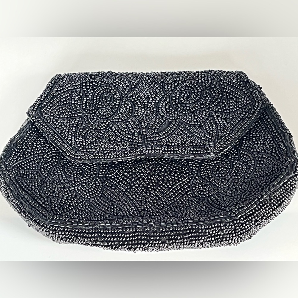 Vintage Hand Made Black Beaded Purse Clutch 1930s FRANCE